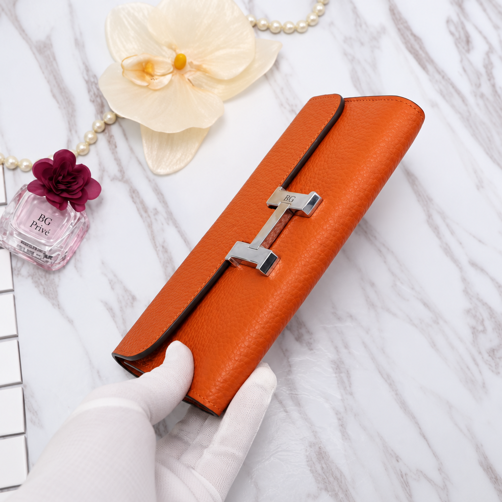 Constance Long Wallet in Bright Orange Grained Leather