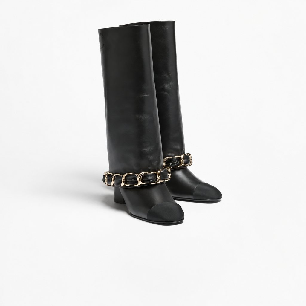 19B G35090 Quilted Chain-Trim Knee-High Boots