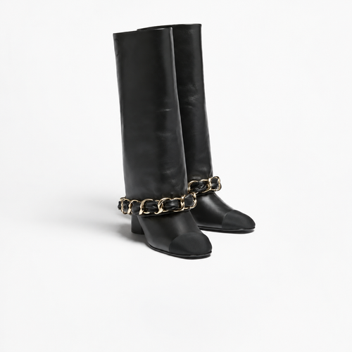 19B G35090 Quilted Chain-Trim Knee-High Boots