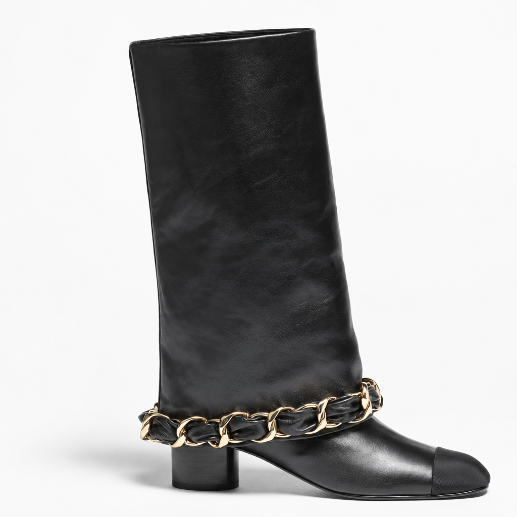 19B G35090 Quilted Chain-Trim Knee-High Boots