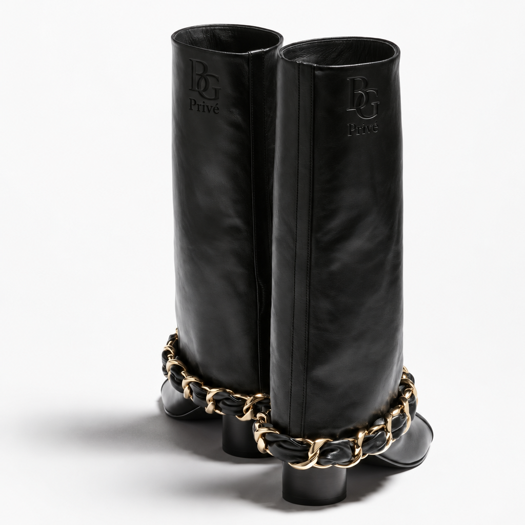 19B G35090 Quilted Chain-Trim Knee-High Boots