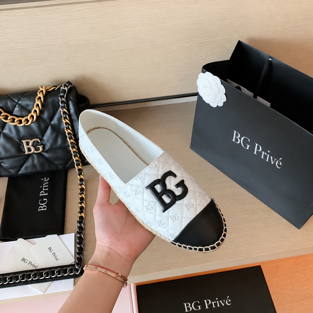 White-and-Black Quilted Leather Cap-Toe Espadrilles