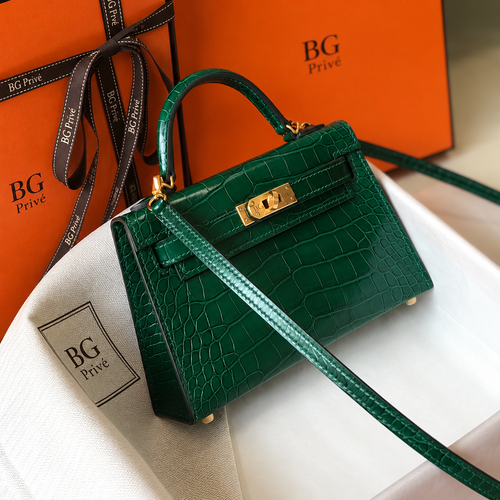 Mini Kelly II 20 Green Porosus Crocodile Bag