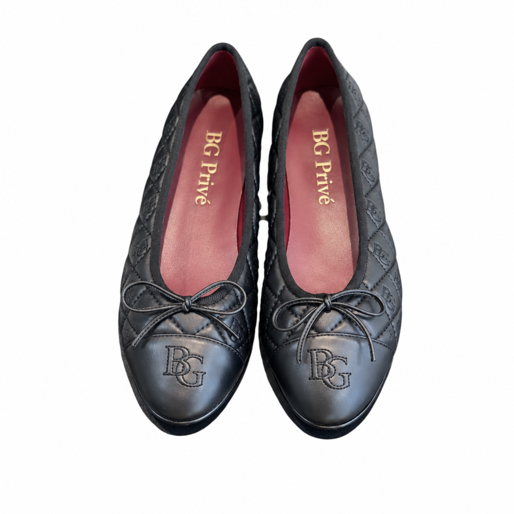Quilted Ballerinas Black Leather Cap-Toe Flats G02819