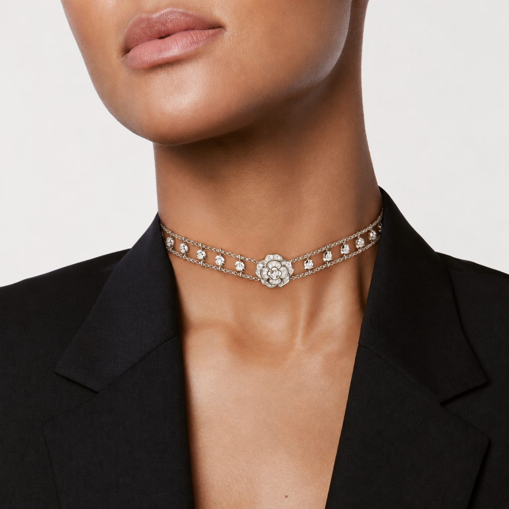 Camellia Choker in White Gold – Bouton de Camélia J12063