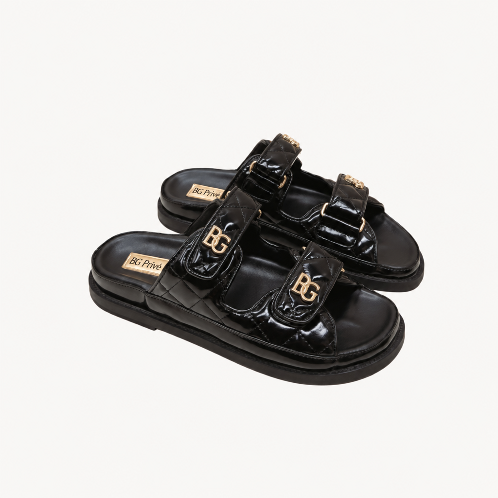 Black Quilted Leather Double-Strap Slides with Gold