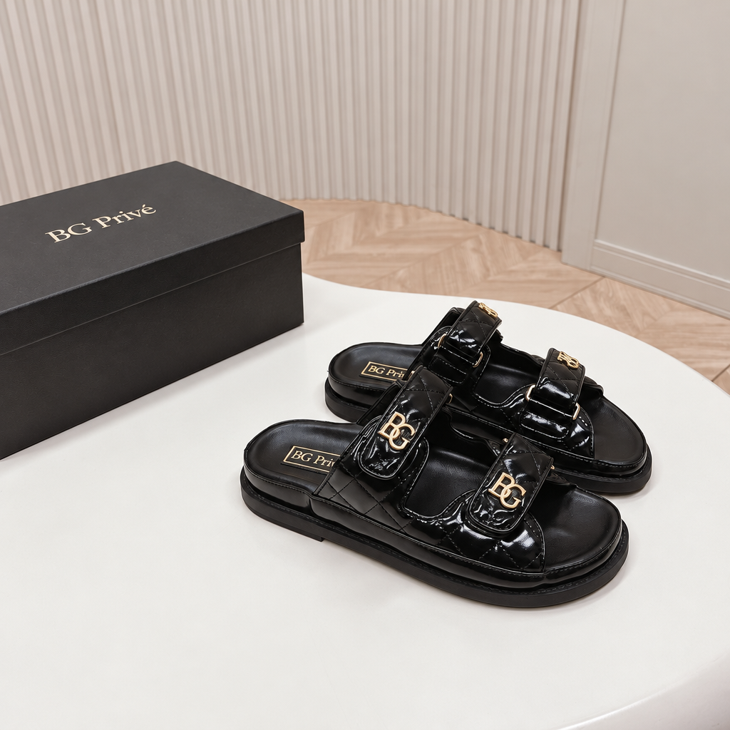 Black Quilted Leather Double-Strap Slides with Gold