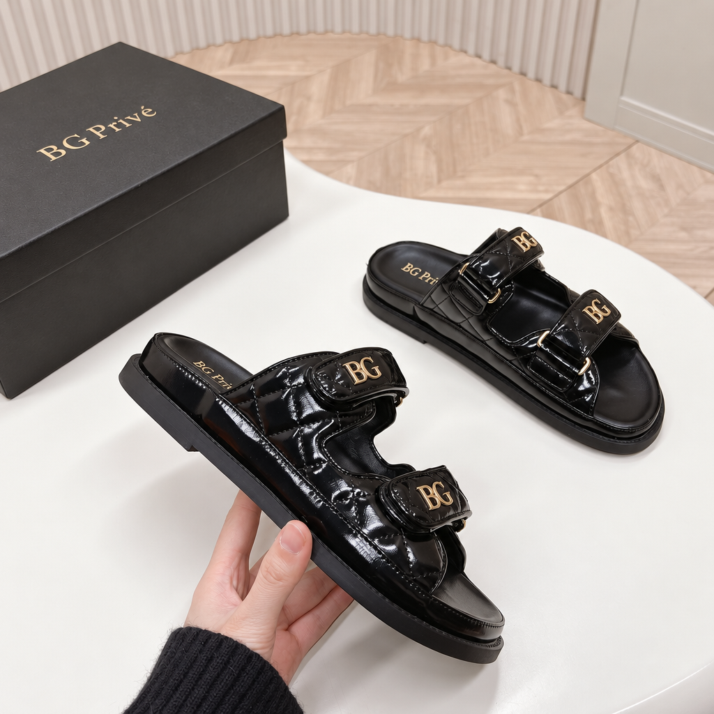 Black Quilted Leather Double-Strap Slides with Gold