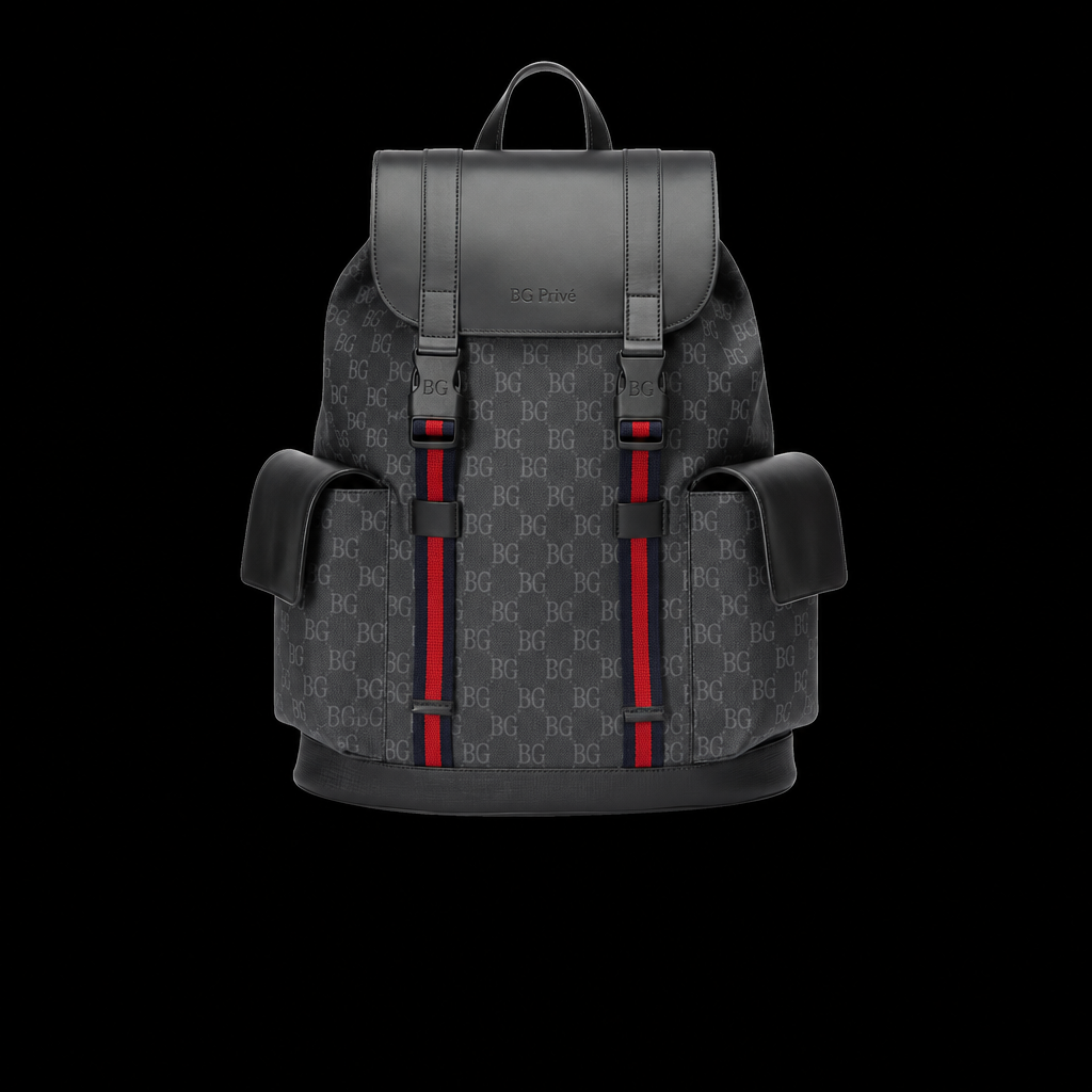 Backpack in Soft Black and Grey with Blue and Red Web