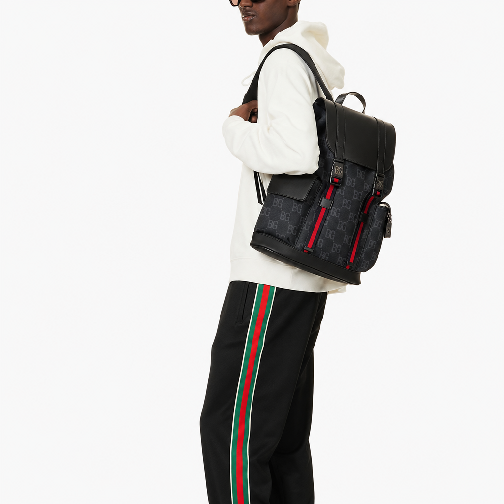 Backpack in Soft Black and Grey with Blue and Red Web