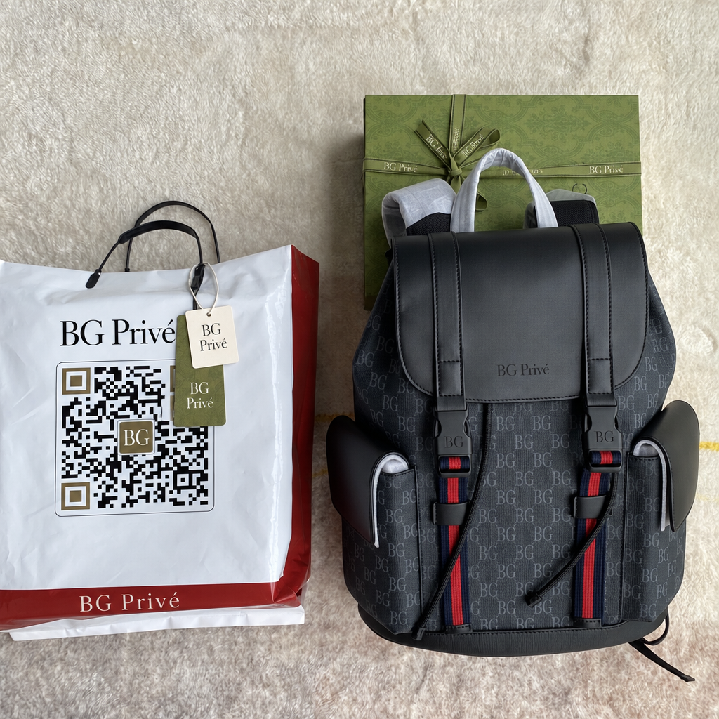 Backpack in Soft Black and Grey with Blue and Red Web