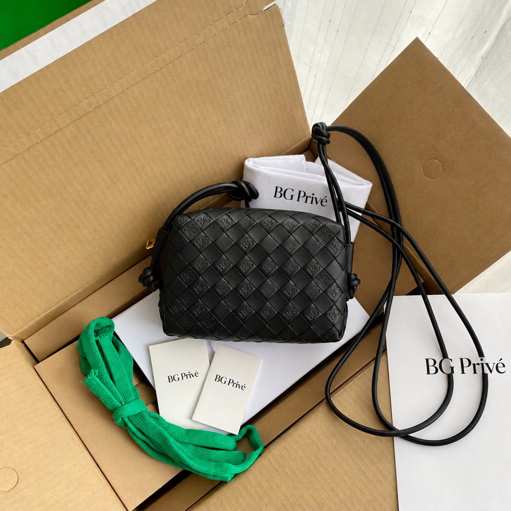 Bottega Mini Loop Camera Bag in Black Intrecciato Leather