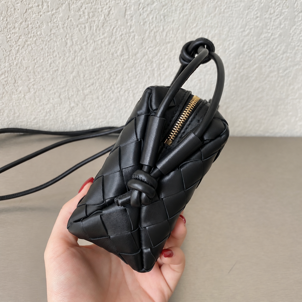 Bottega Mini Loop Camera Bag in Black Intrecciato Leather