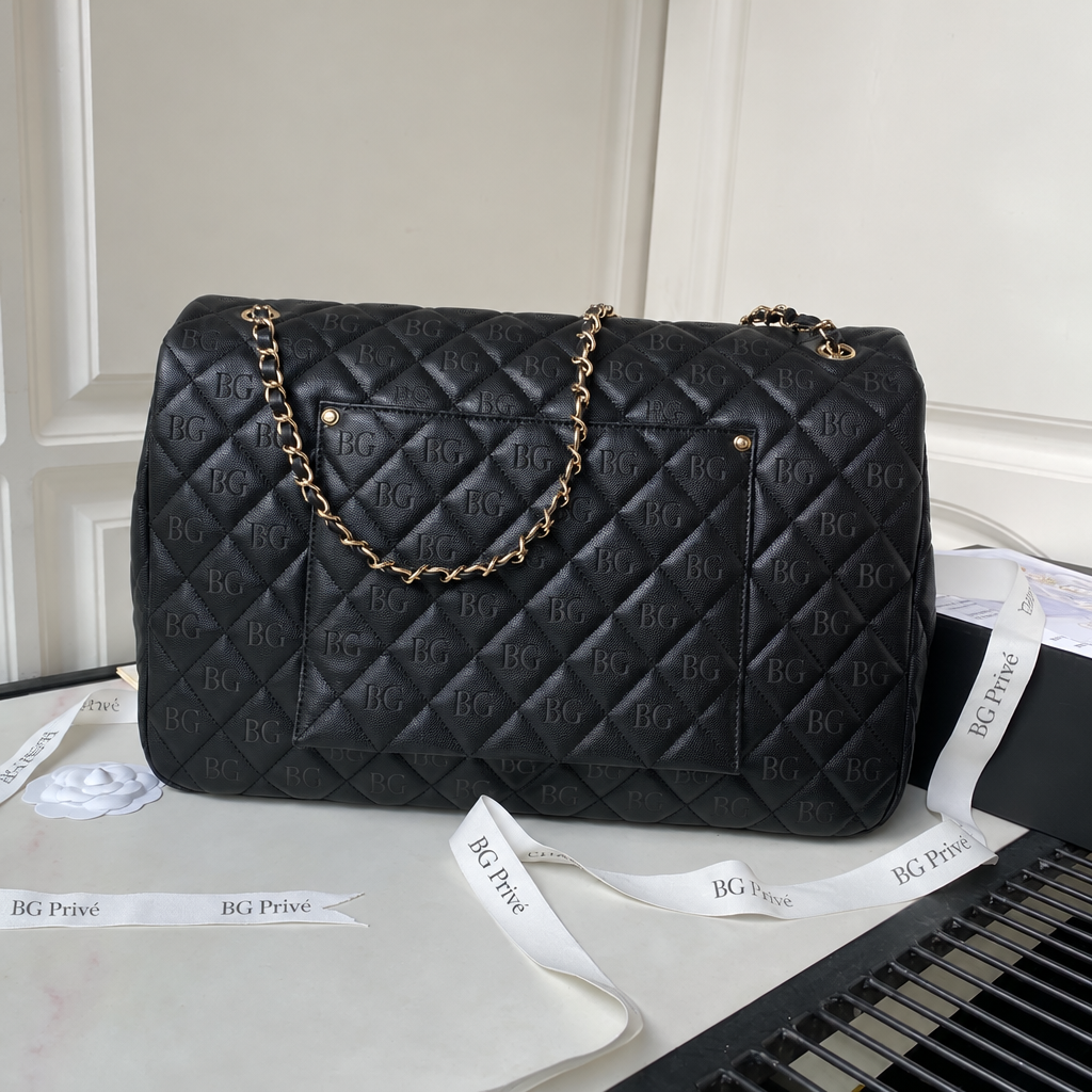 Black XXL Classic Airline Travel Flap Bag with Gold-Tone Hardware