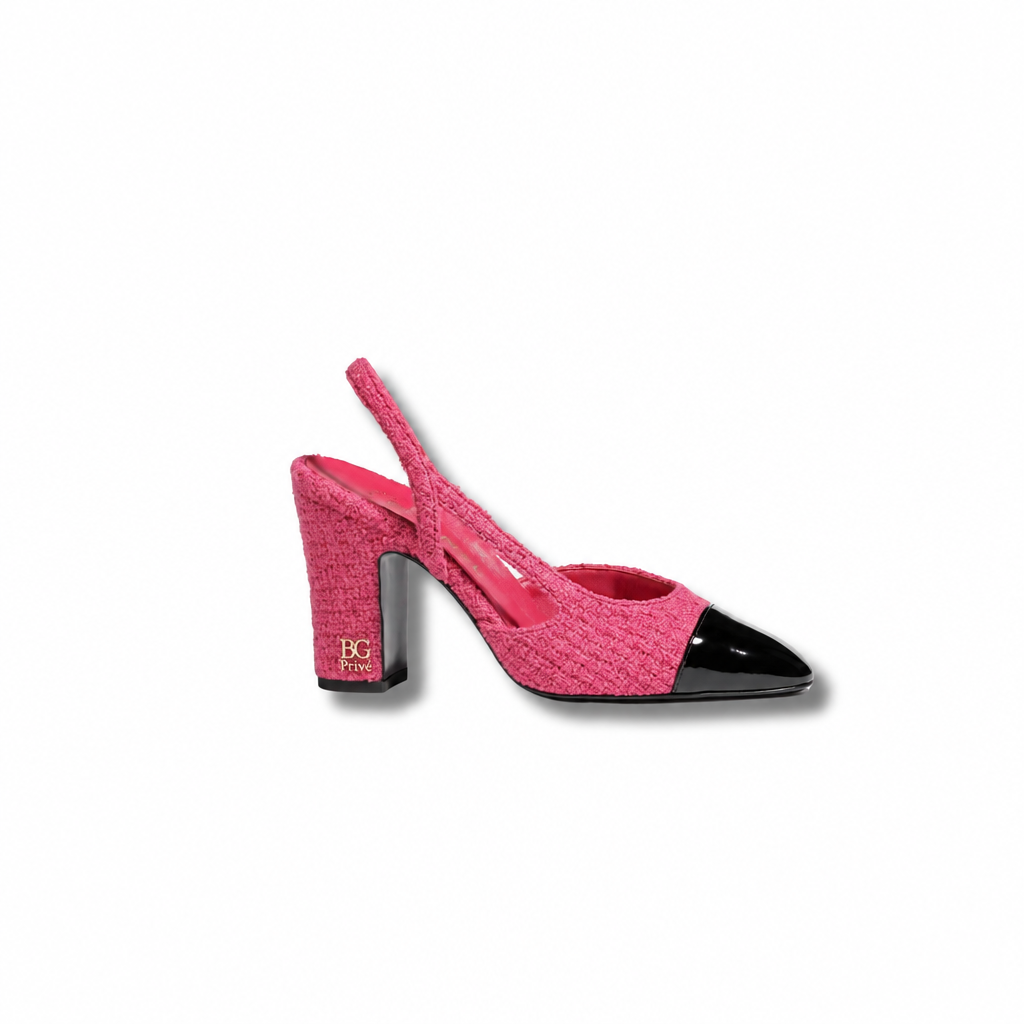 Pink and Black Tweed Cap-Toe Slingback Pumps