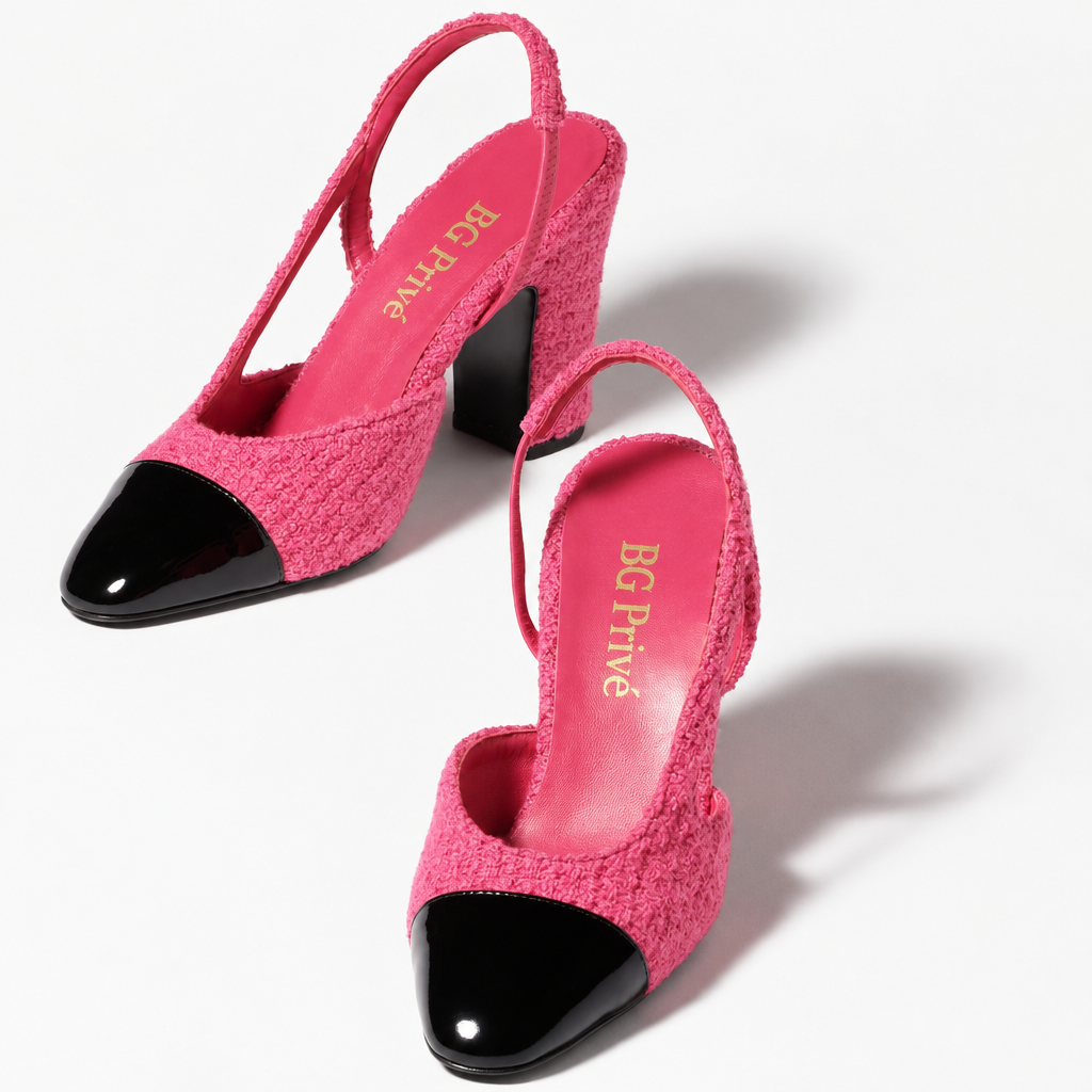 Pink and Black Tweed Cap-Toe Slingback Pumps