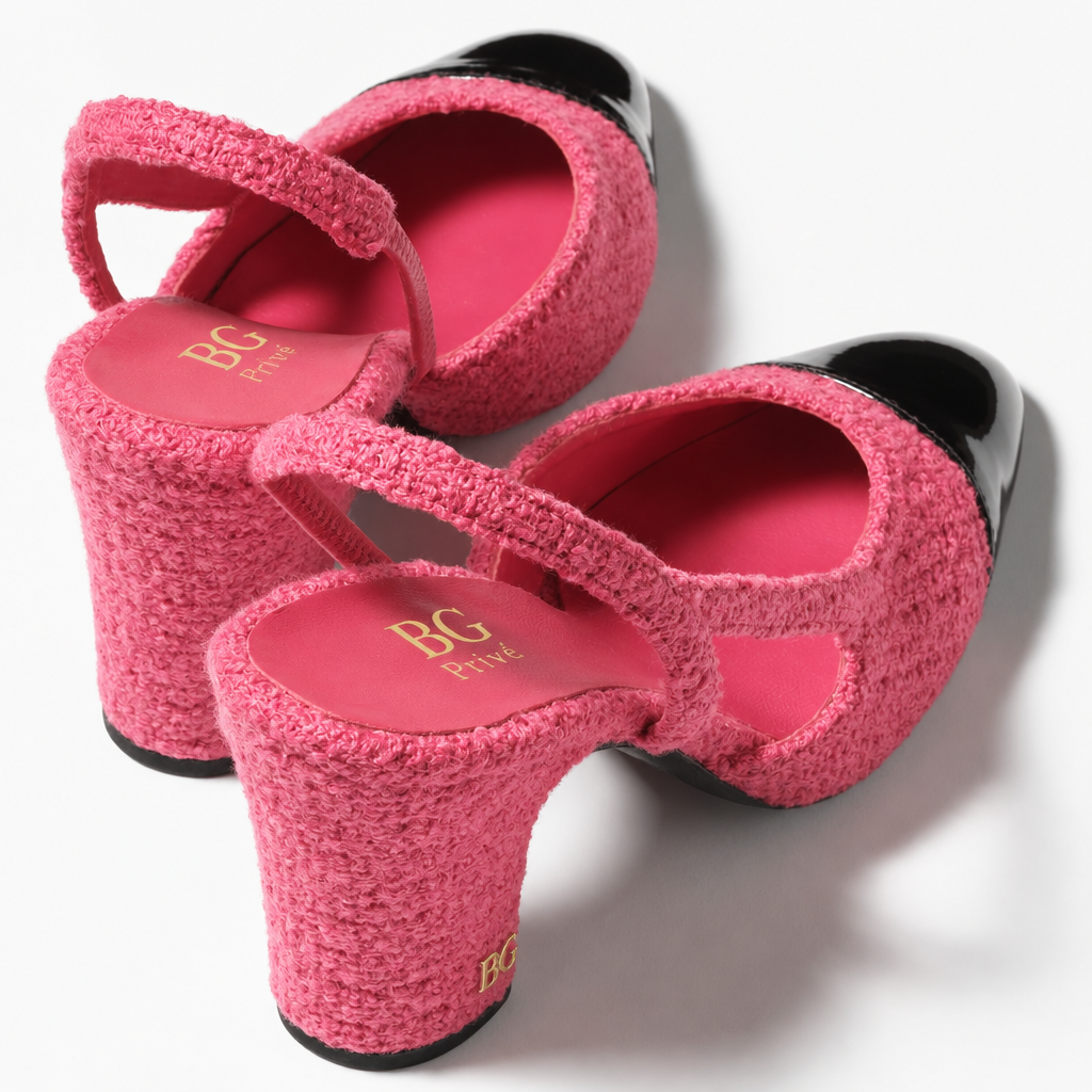 Pink and Black Tweed Cap-Toe Slingback Pumps