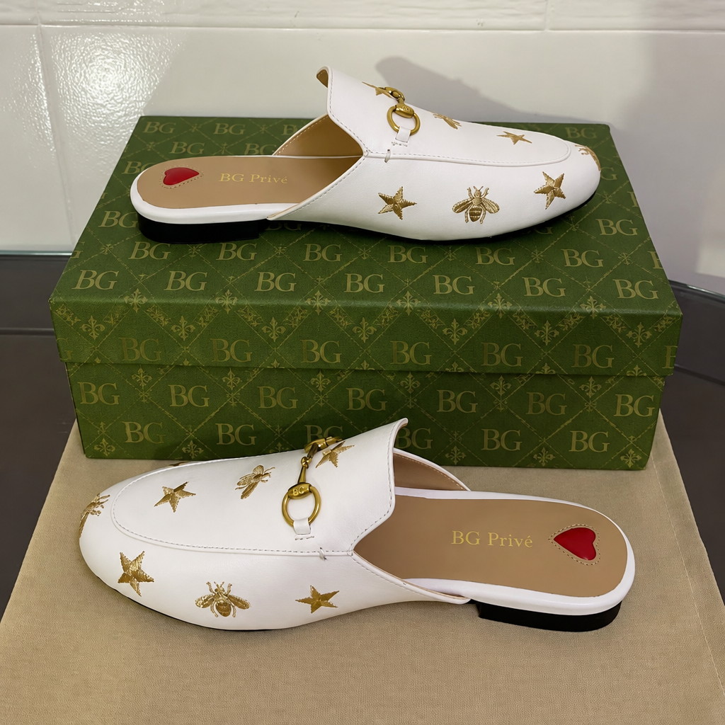 Princetown Embroidered Leather Slipper in White