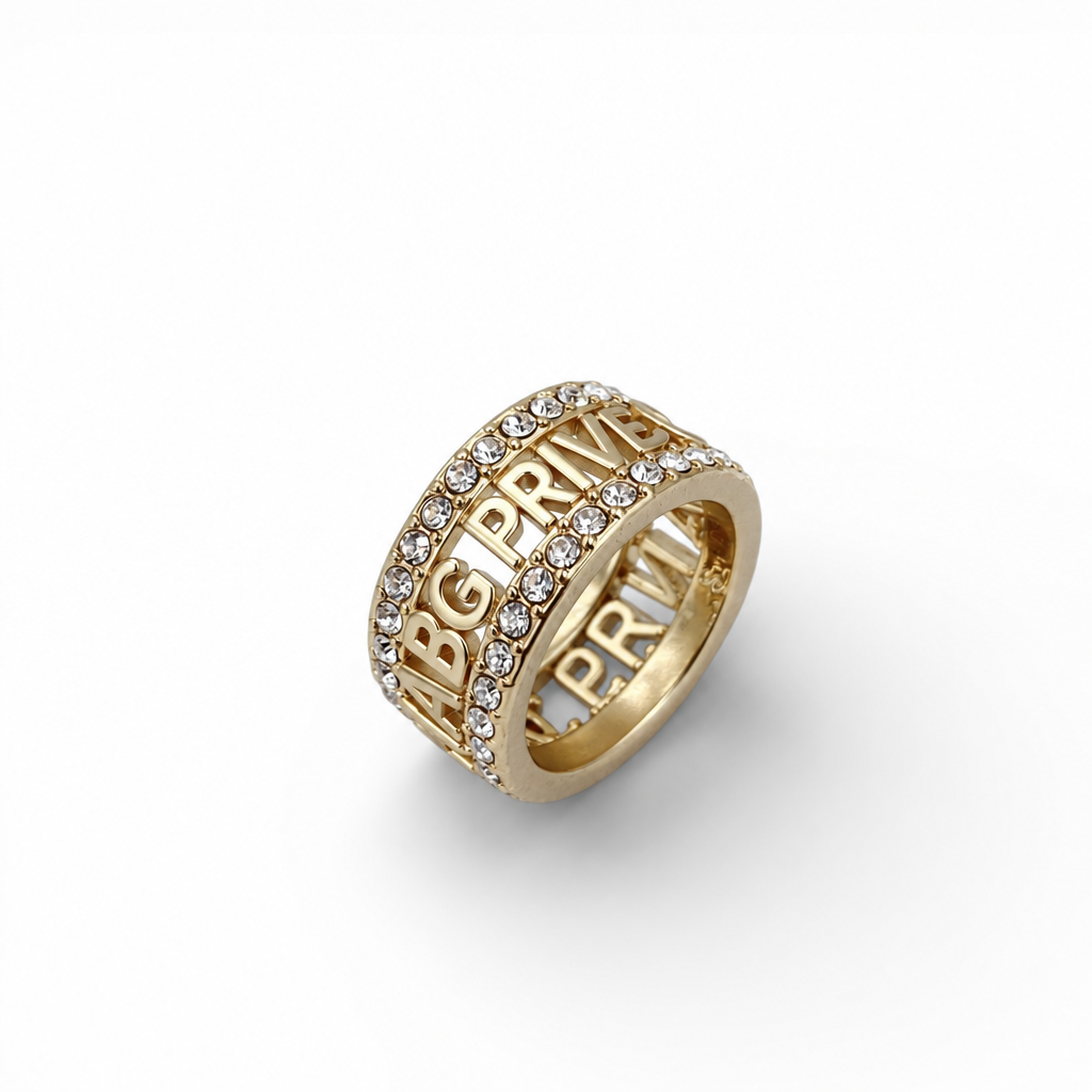Gold-Tone Crystal-Embellished Openwork Logo Wide Band Ring