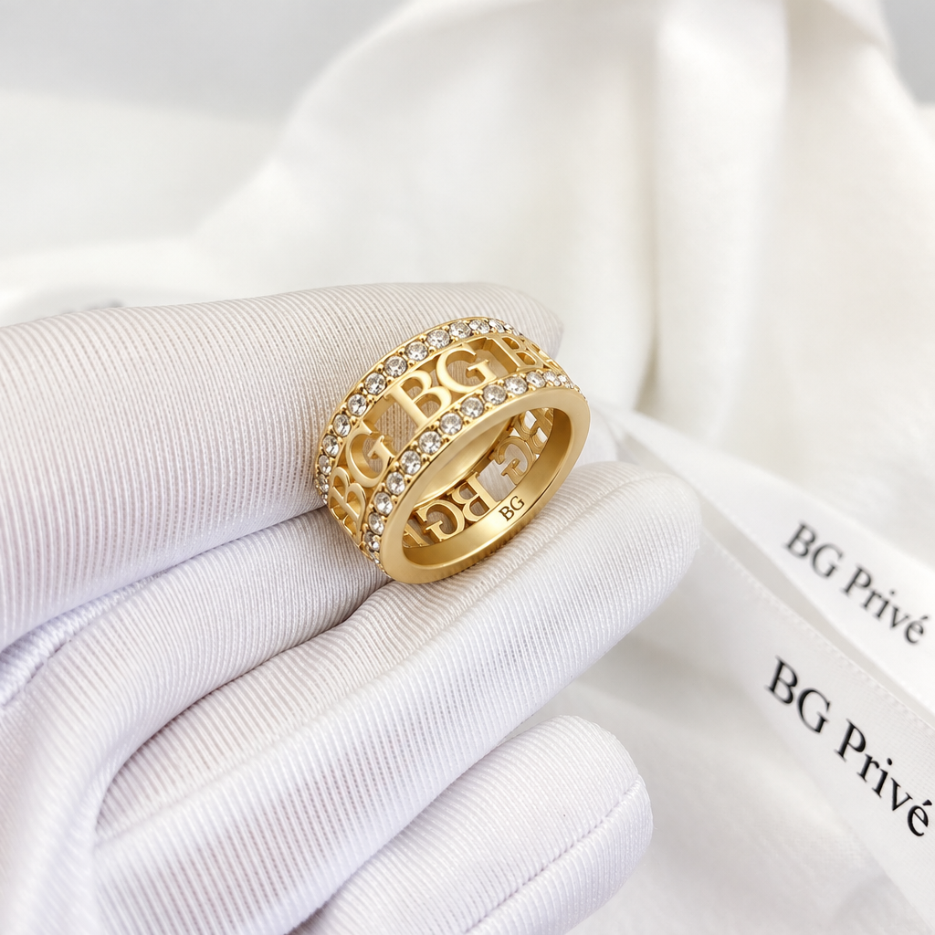 Gold-Tone Crystal-Embellished Openwork Logo Wide Band Ring
