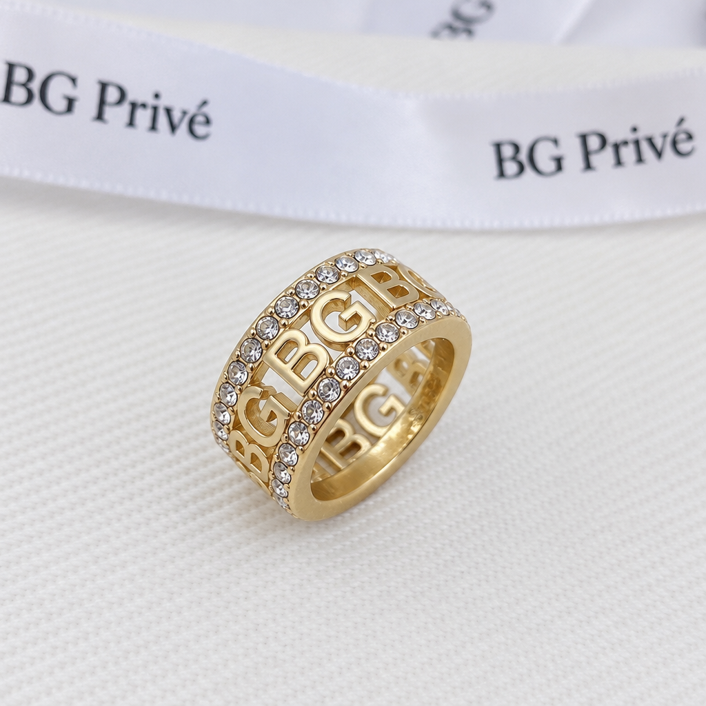 Gold-Tone Crystal-Embellished Openwork Logo Wide Band Ring