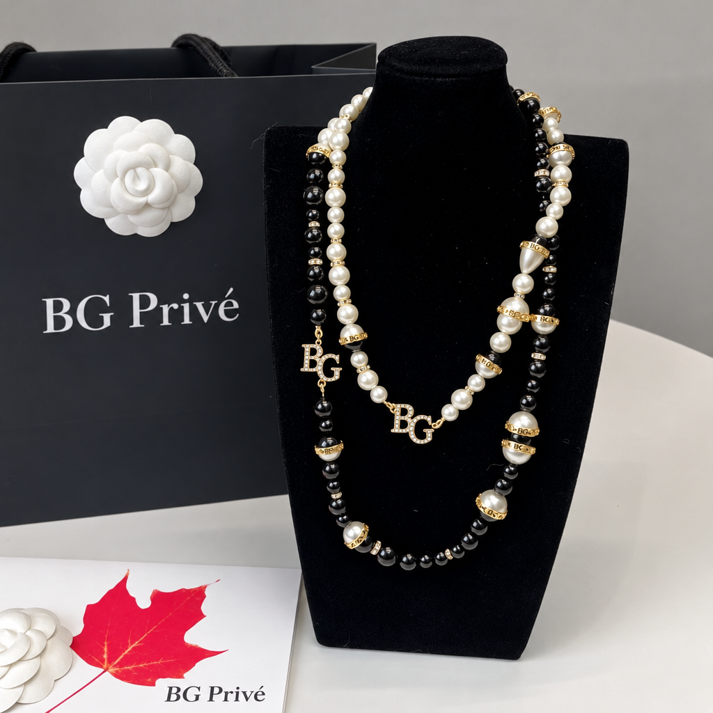 Crystal Necklace Pearl Bead Long Sautoir in Black and Gold