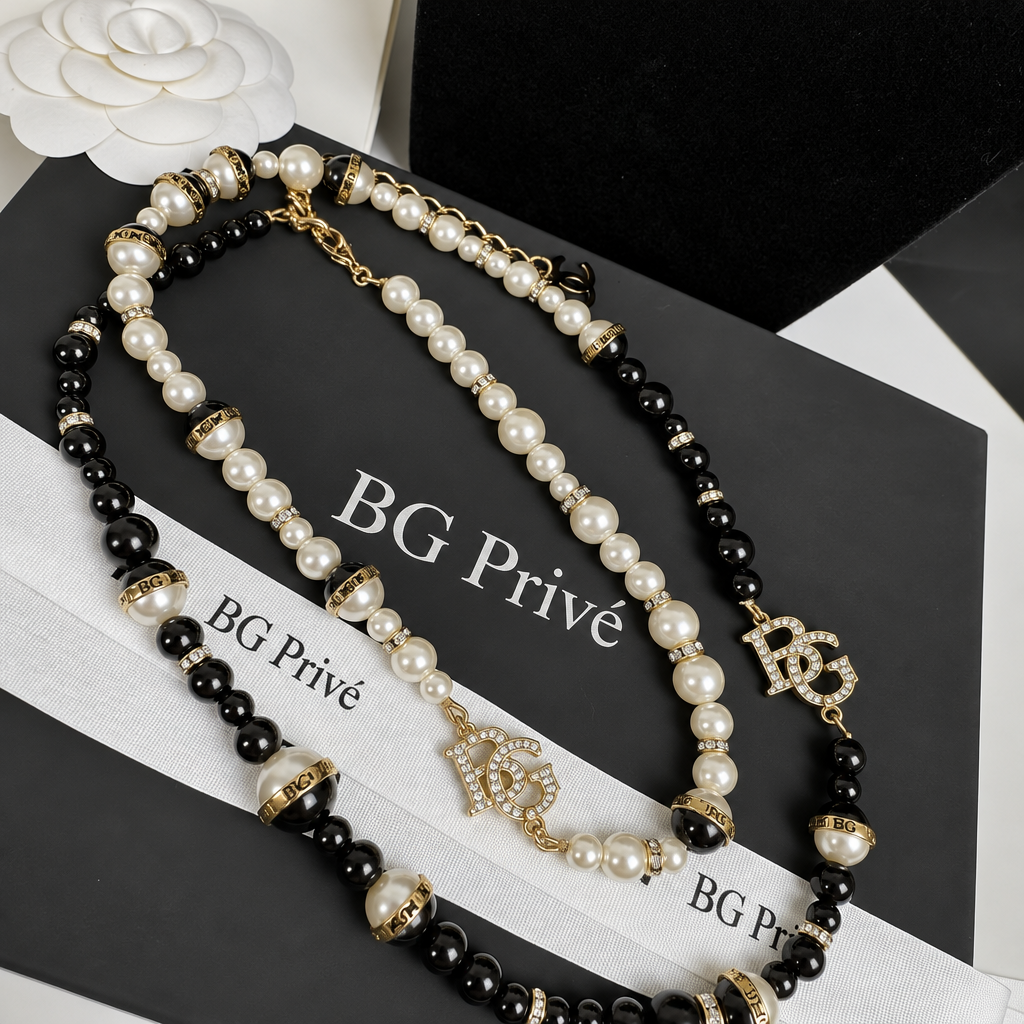Crystal Necklace Pearl Bead Long Sautoir in Black and Gold