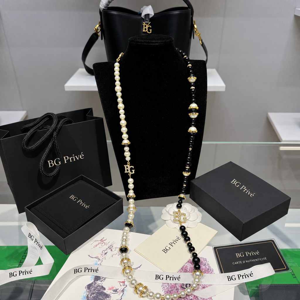 Crystal Necklace Pearl Bead Long Sautoir in Black and Gold