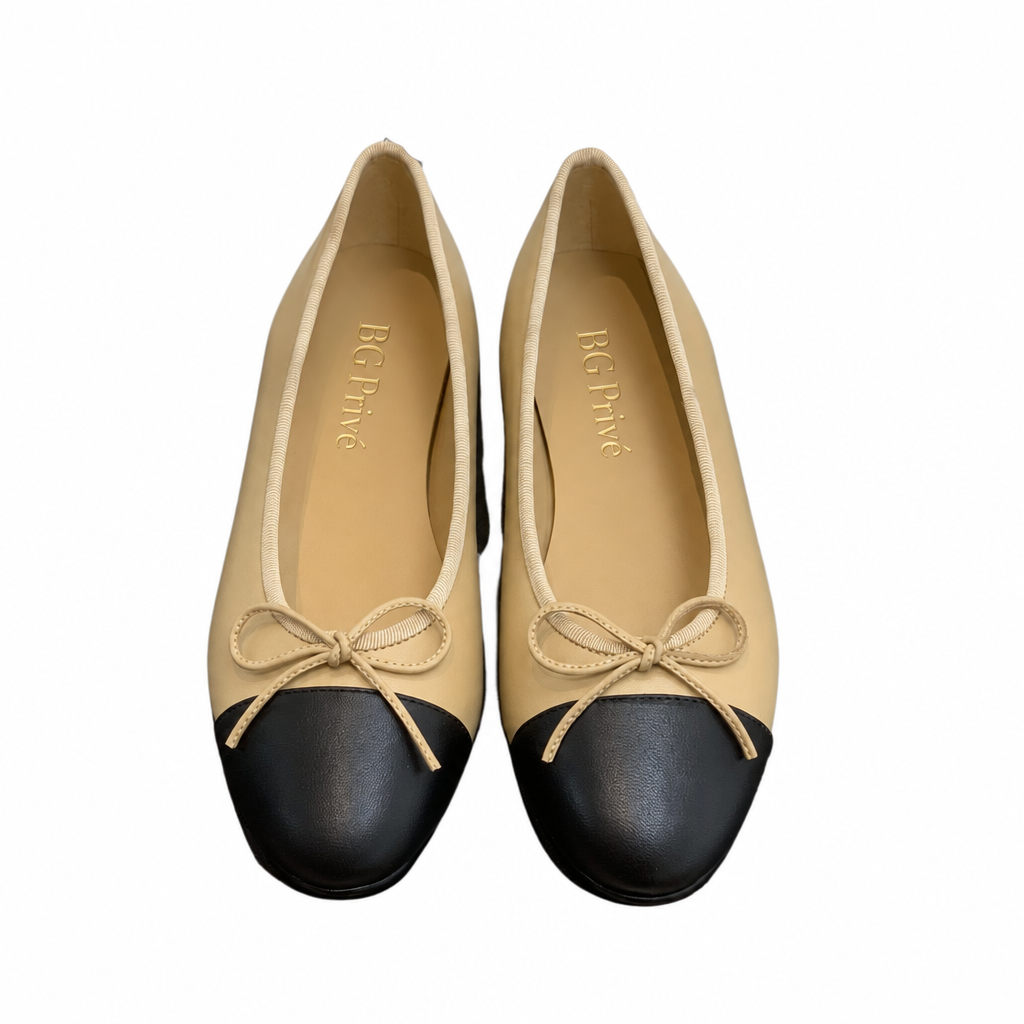 Beige &amp; Black Lambskin Ballet Flats