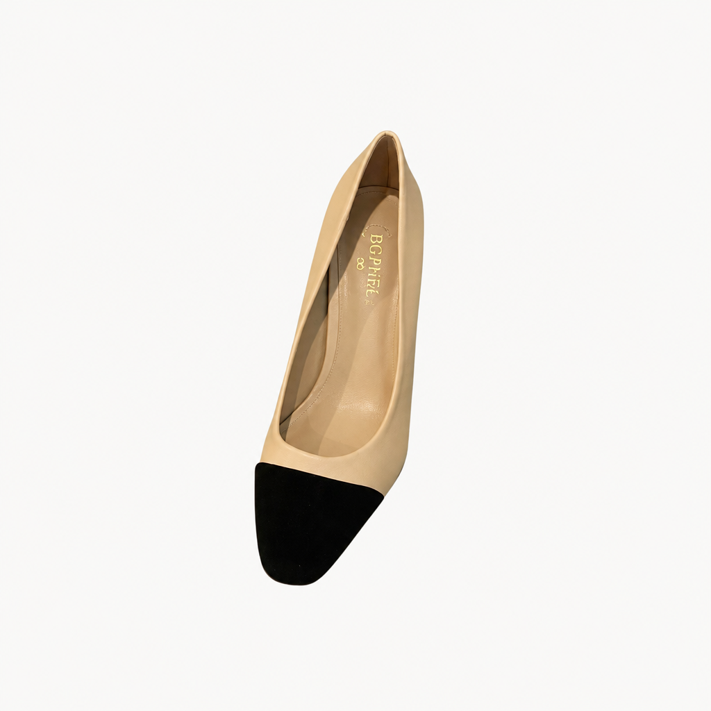 Cap Toe Pumps – Two-Tone Beige and Black Block Heel