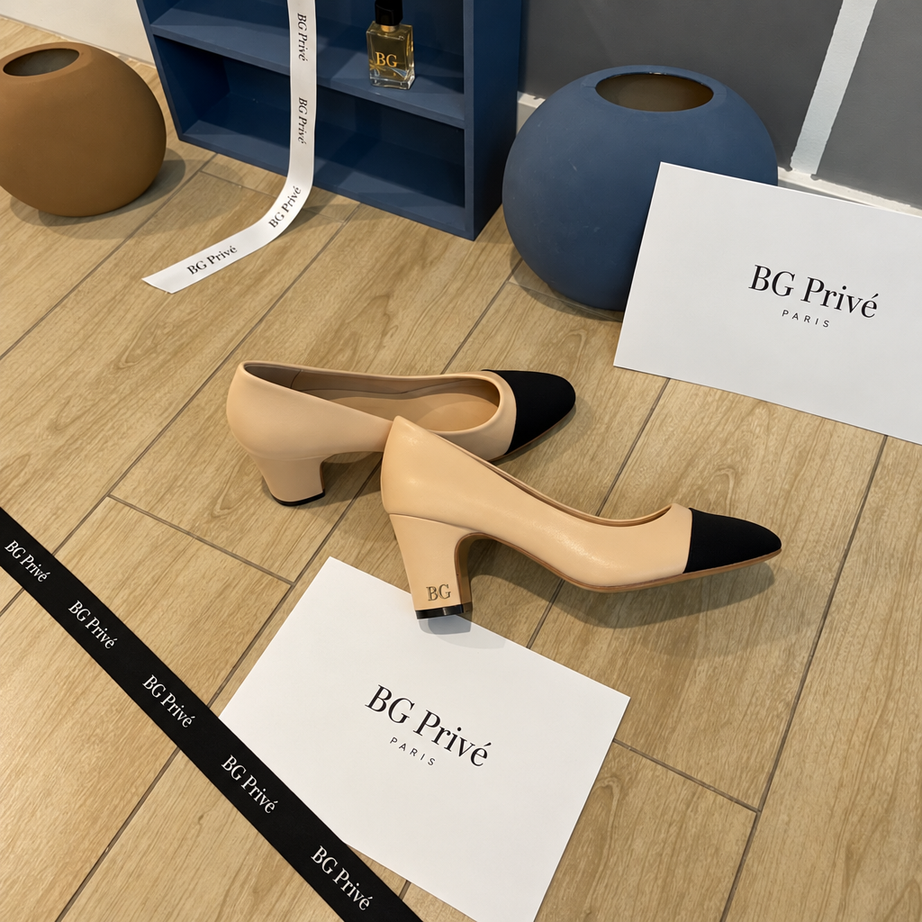 Cap Toe Pumps – Two-Tone Beige and Black Block Heel