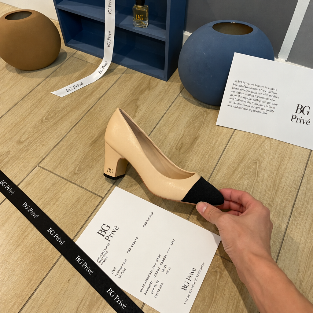 Cap Toe Pumps – Two-Tone Beige and Black Block Heel