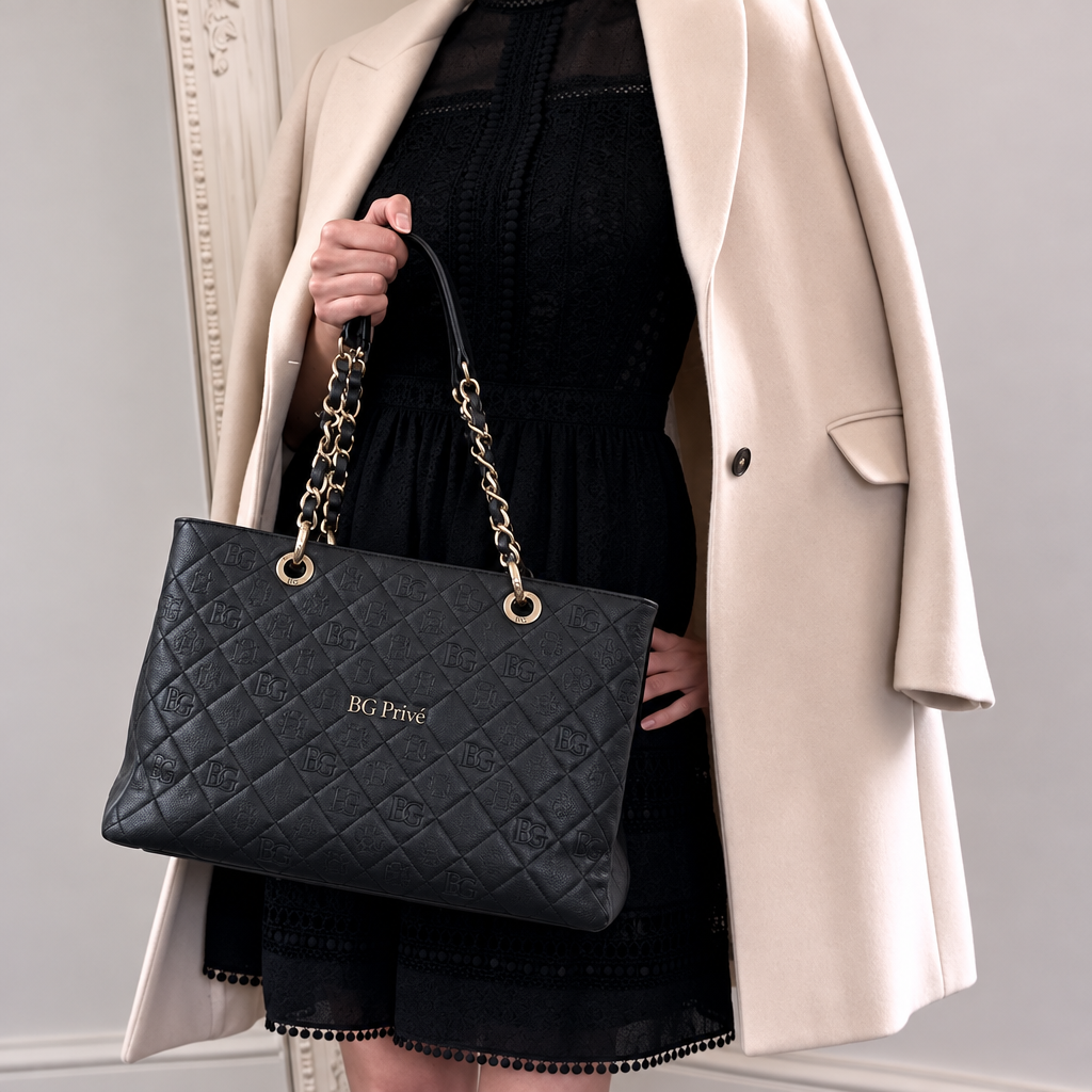 GST Tote in Black Quilted Caviar Leather with Silver-Tone Hardware