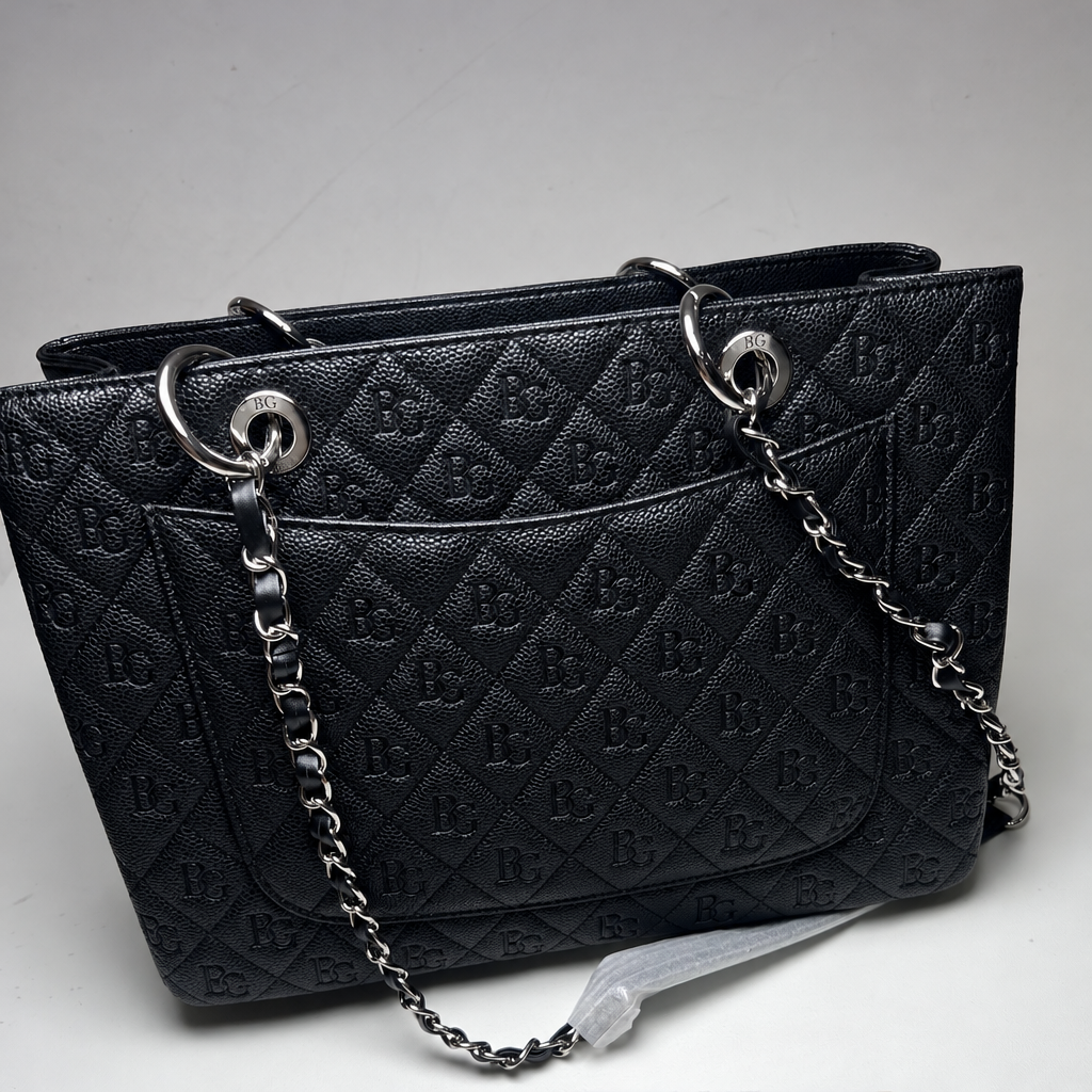 GST Tote in Black Quilted Caviar Leather with Silver-Tone Hardware