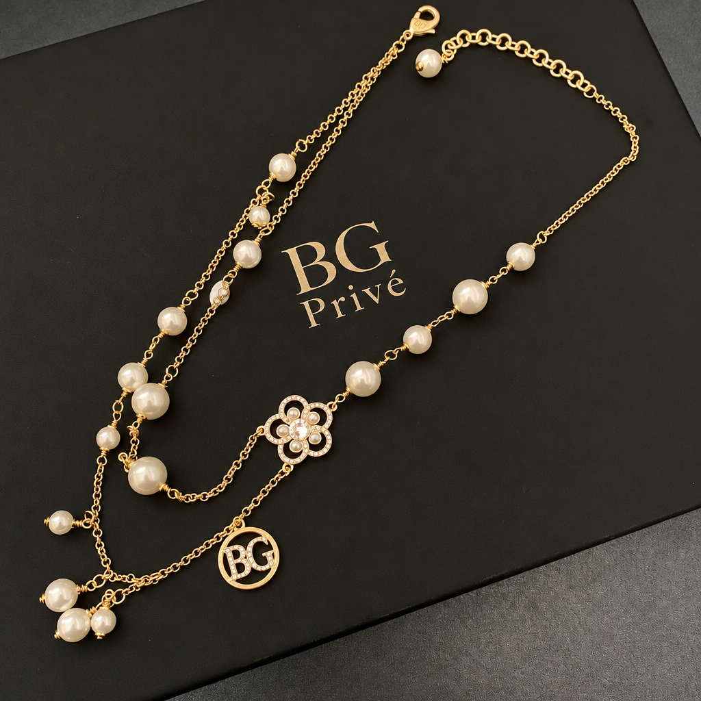 Pearl Necklace with and Camellia, Faux Pearl Crystal Gold-Tone Multi-Strand Design