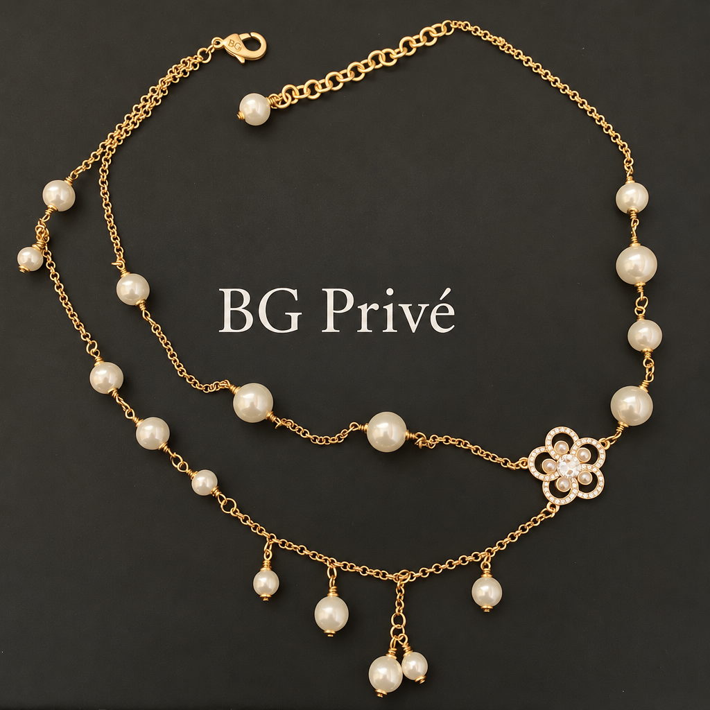 Pearl Necklace with and Camellia, Faux Pearl Crystal Gold-Tone Multi-Strand Design