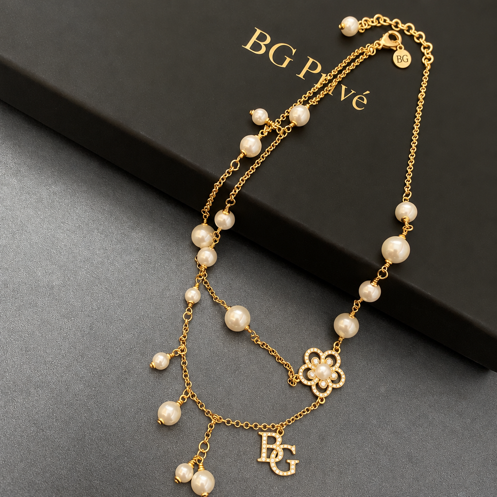 Pearl Necklace with and Camellia, Faux Pearl Crystal Gold-Tone Multi-Strand Design