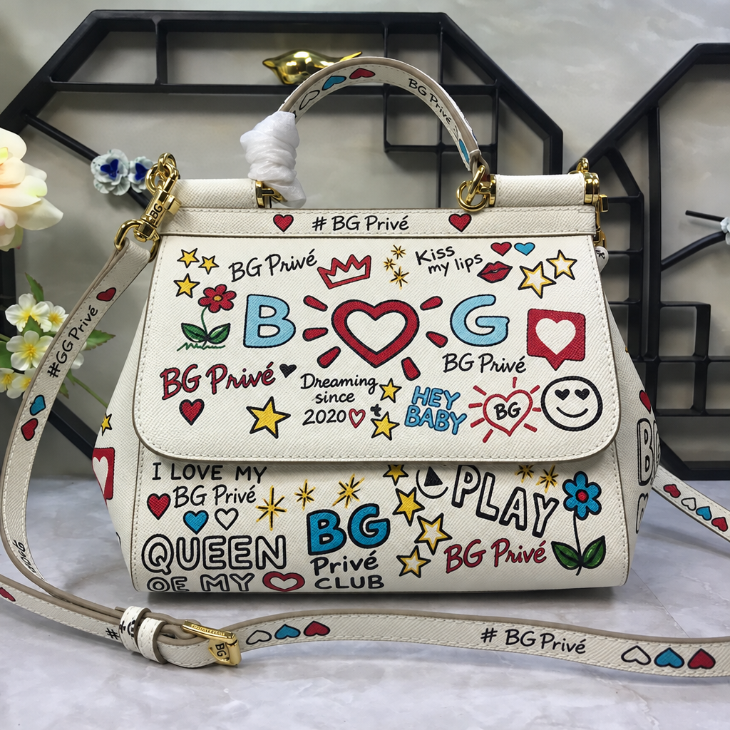 Dolce &amp; Gabbana Sicily Graffiti-Print Dauphine Leather Medium Bag