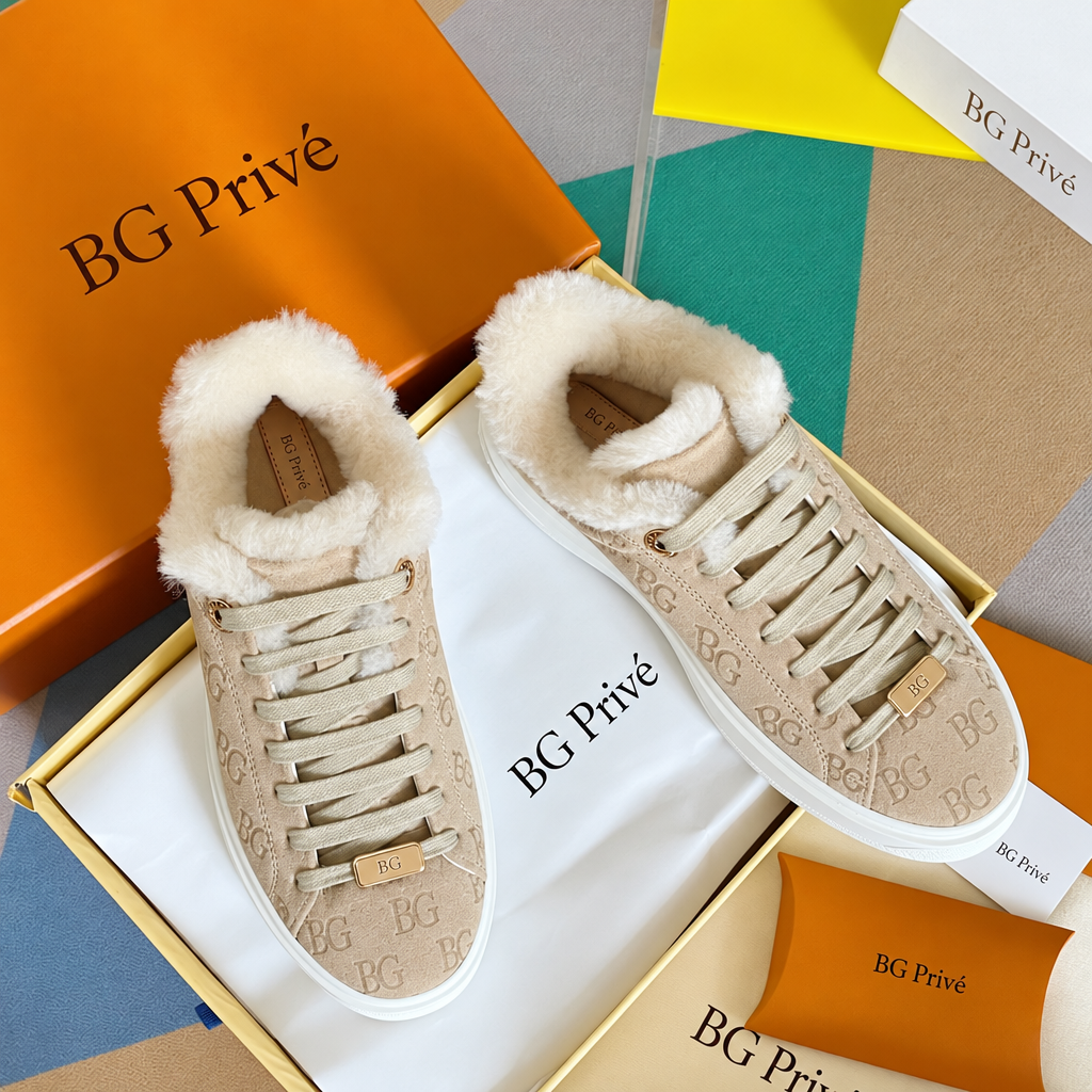 Time Out Sneaker in Beige Monogram Suede with Shearling Lining