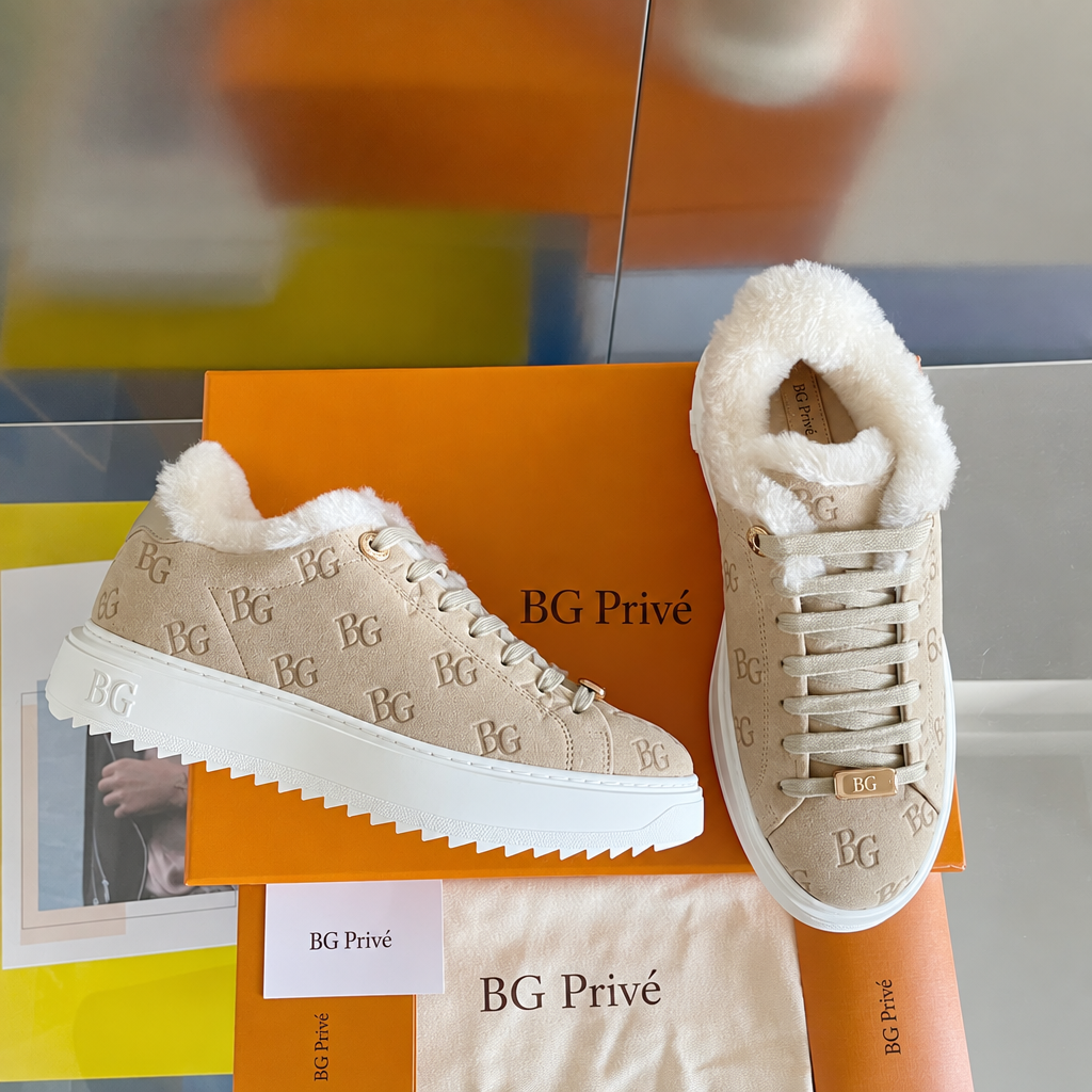Time Out Sneaker in Beige Monogram Suede with Shearling Lining