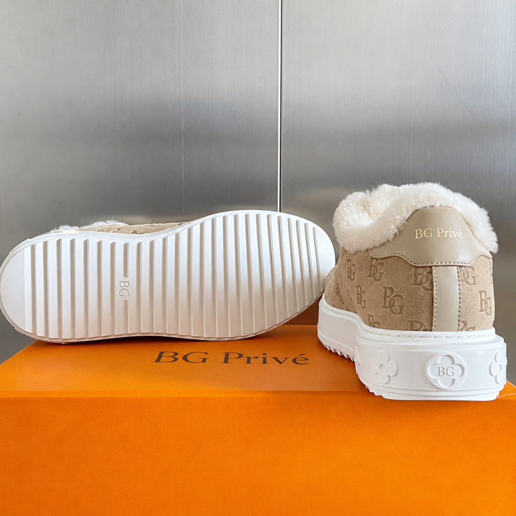Time Out Sneaker in Beige Monogram Suede with Shearling Lining