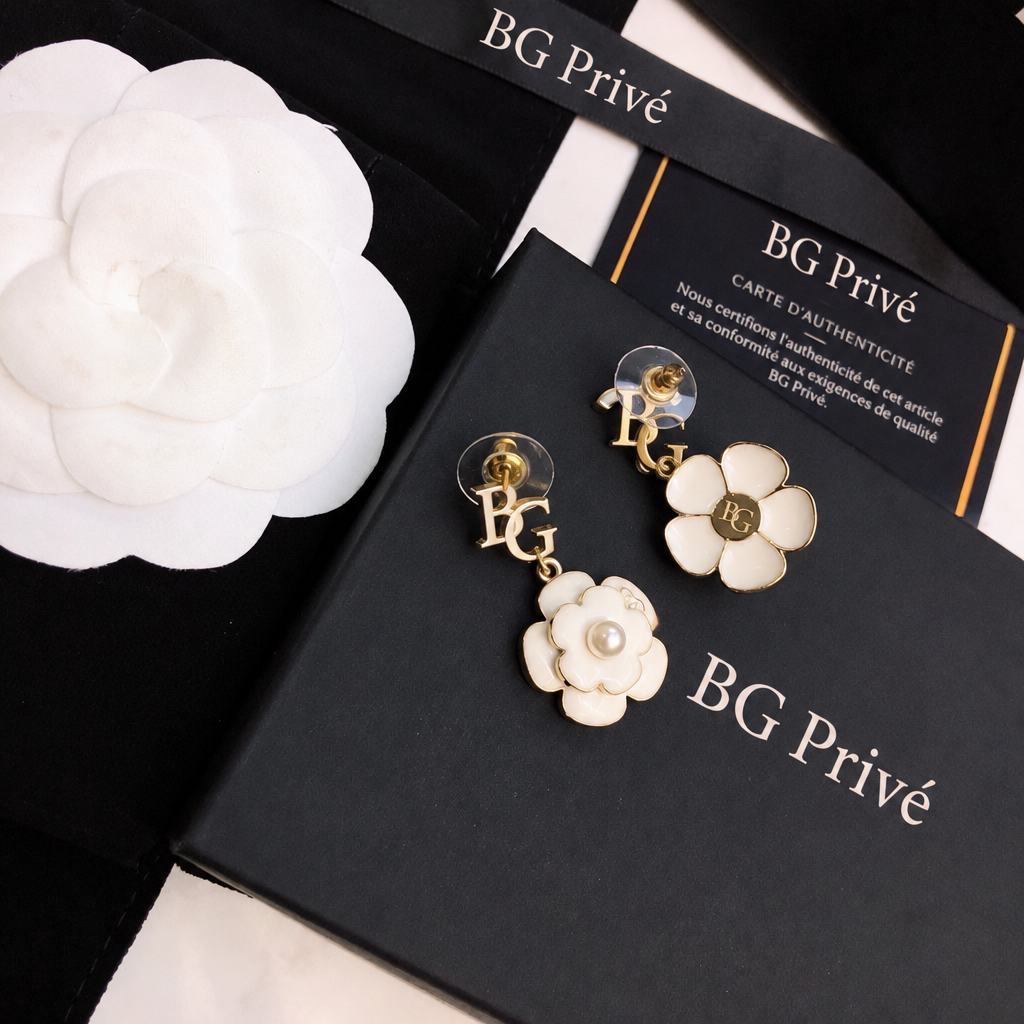 Camellia Drop Earrings with and Pearl-Like Centers