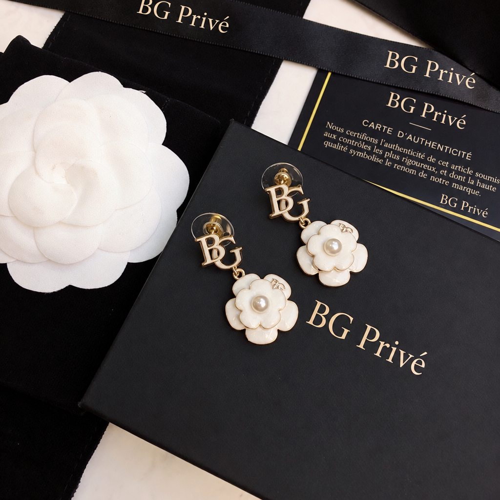 Camellia Drop Earrings with and Pearl-Like Centers