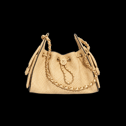 25 Mini Bag in Beige and Black Braided Raffia-Effect Canvas