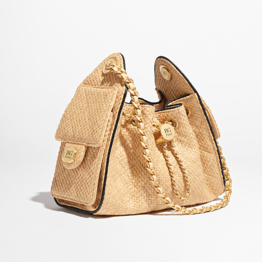 25 Mini Bag in Beige and Black Braided Raffia-Effect Canvas