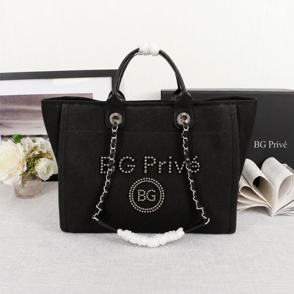 Deauville Tote Large Black Canvas with Pearl-Embellished Logo