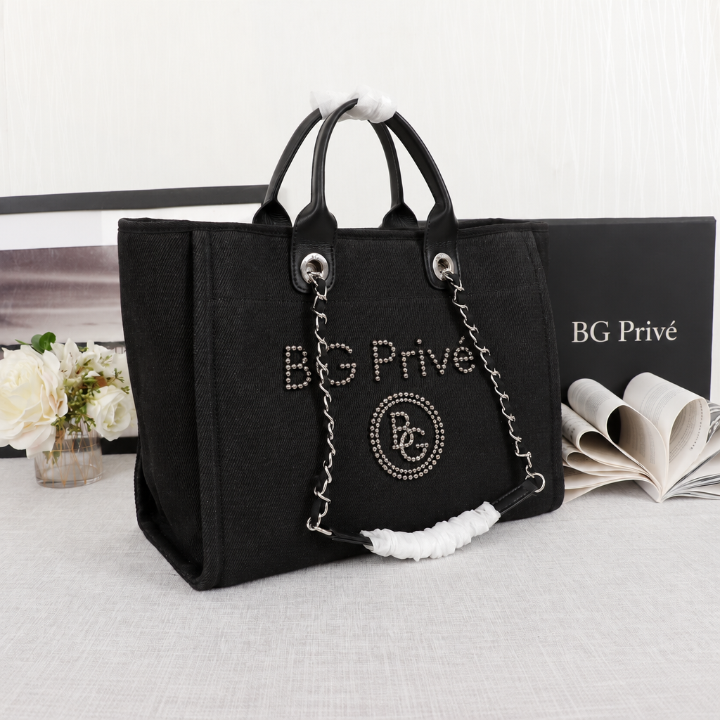 Deauville Tote Large Black Canvas with Pearl-Embellished Logo