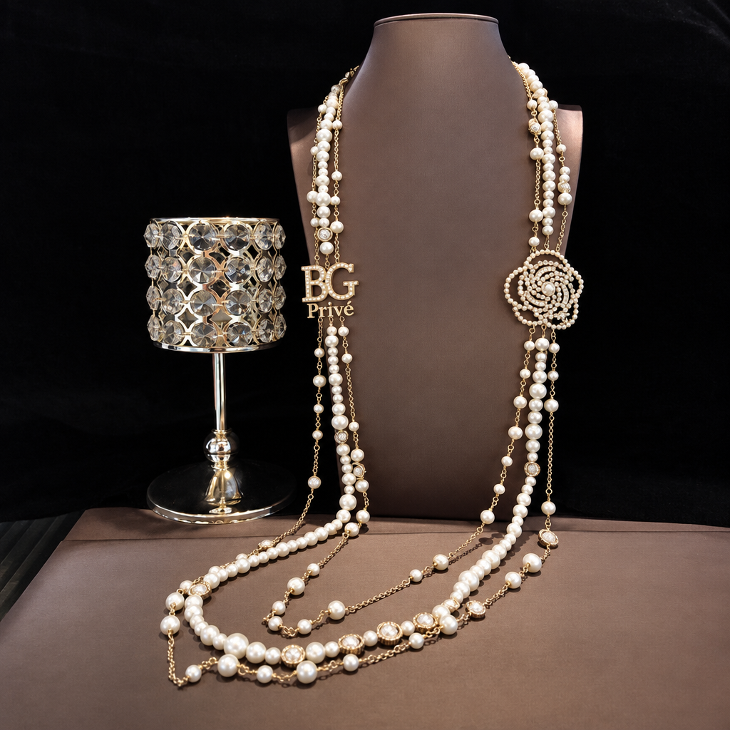 Faux Pearl and Crystal Camellia Long Necklace