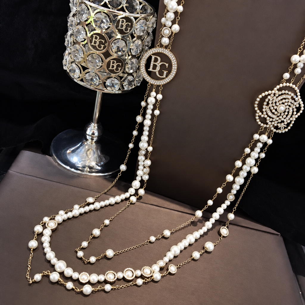 Faux Pearl and Crystal Camellia Long Necklace