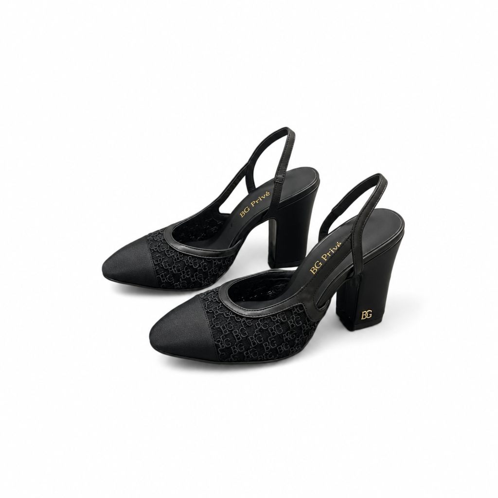 Lace Cap-Toe Slingback Block-Heel Pumps in Black